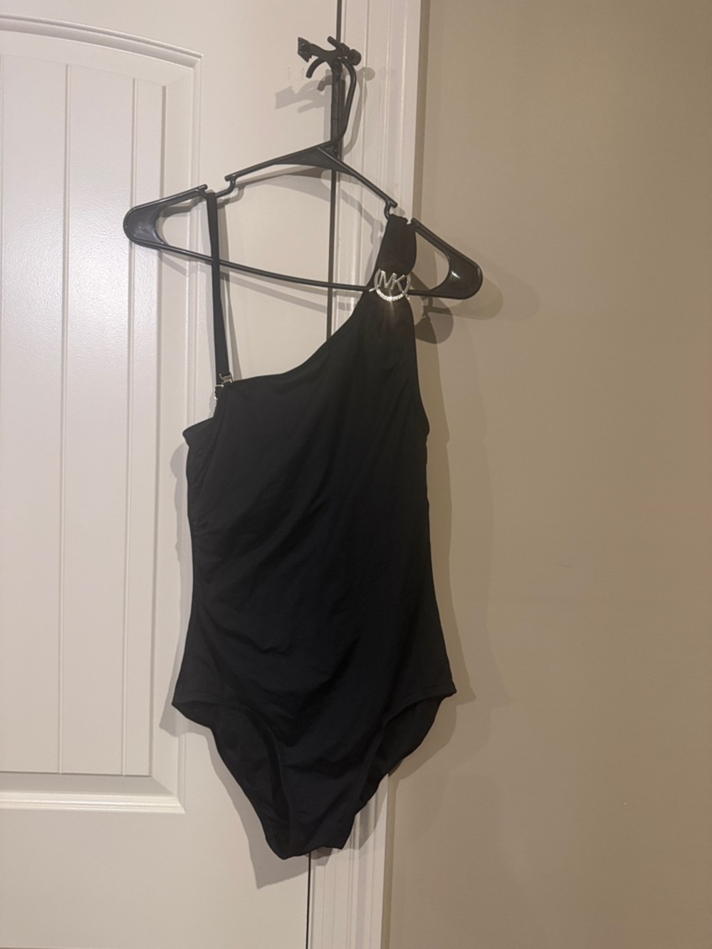 Michael Kors Black One-Shoulder Swimsuit with Gold MK Logo Ring